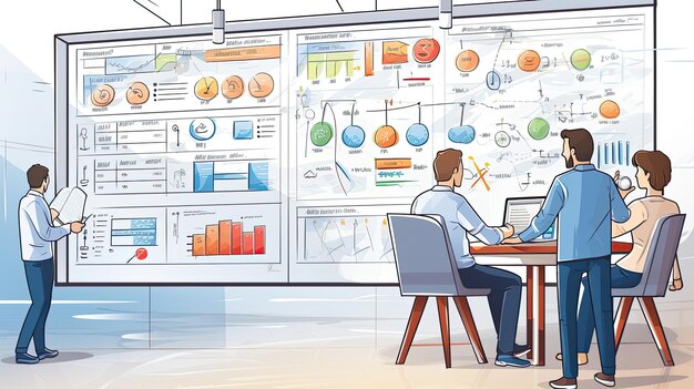 Foto progettisti uxui che disegnano i wireframe e i flussi degli utenti attorno a una lavagna in stile cartone animato