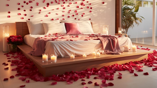 uxury bedroom decorated with rose petals and candles closeup