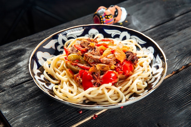 Uyghur laghman noodles in a traditional plate