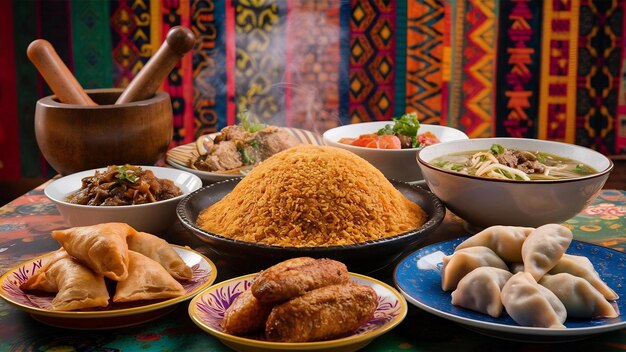 Photo uzbek and central asia cuisine concept assorted uzbek food pilaf samsa lagman manti shurpa uzbek re