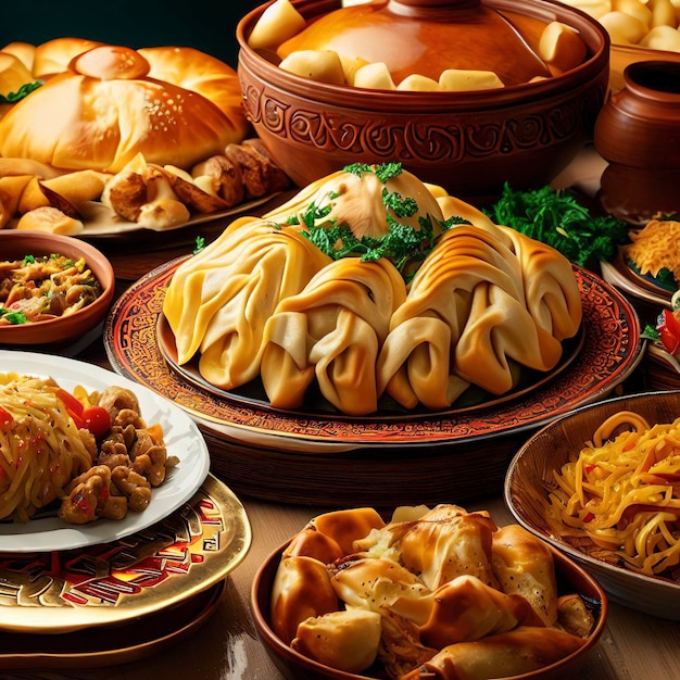 Uzbek and central asia cuisine concept assorted uzbek food pilaf samsa lagman manti shurpa uzbek restaurant concept