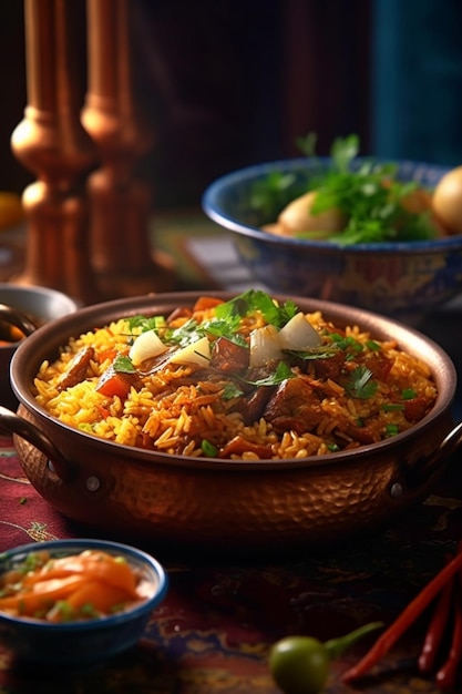 An Uzbek dish called pilaf Rice with meat carrots onions eggs and kazy in a plate of Generative AI