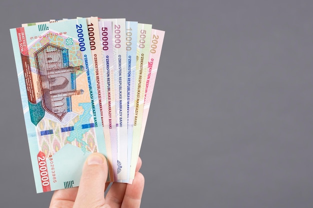 Uzbek money in hand on a gray background