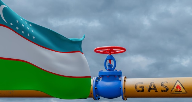 Газовый кран Узбекистана на магистральном газопроводе Узбекистан Трубопровод с флагом Узбекистан Трубы газа