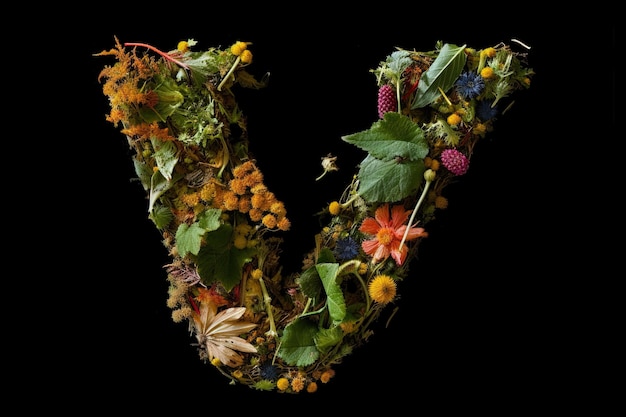 V alphabet letter made out of leaves plants and flowers isolated on black background illustration generative ai