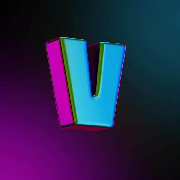 Photo v letter neon colored metal 3d rendered illustration blue and purple color isolated. 3d illustration