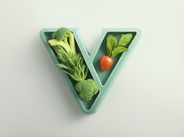 Foto lettera v e verdure su di esso con sfondo bianco concetto di giornata vegana