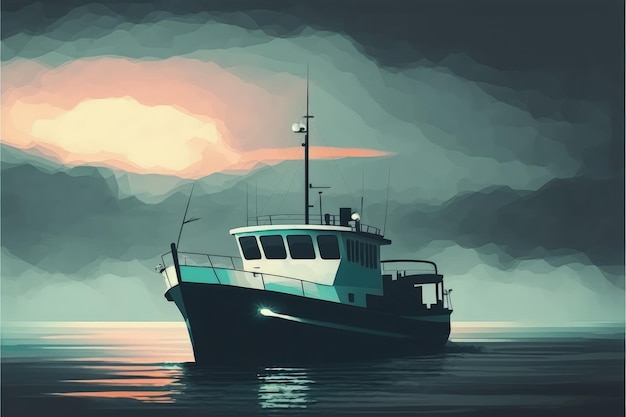 Vaartuig op oceaan met bewolkte lucht op de achtergrond Fantasieconcept Illustratie schilderij Generatieve AI
