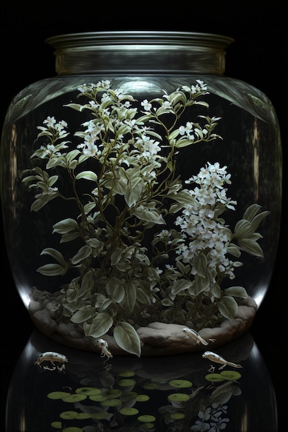 Vaas gevuld met witte bloemen zittend op een tafel generatieve ai