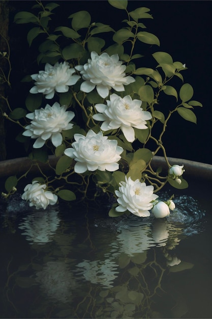 Vaas gevuld met witte bloemen zittend op een tafel generatieve ai