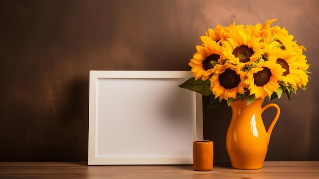 Vaas gevuld met zonnebloemen naast een blanco foto