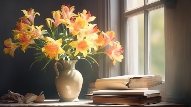 Vaas met bloemen en boeken op de vensterbank Exemplaarruimtegeneratieve ai