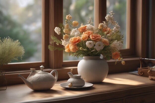 vaas met bloemen en theepot op tafel in modern interieurvaas met bloemen en theepot op tafel in modern