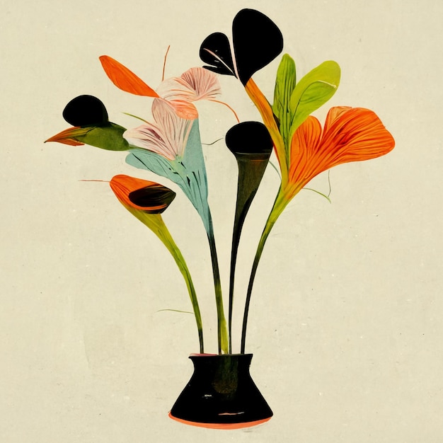 Vaas met meerkleurig lentebloemenboeket in minimalistische vintage stijl