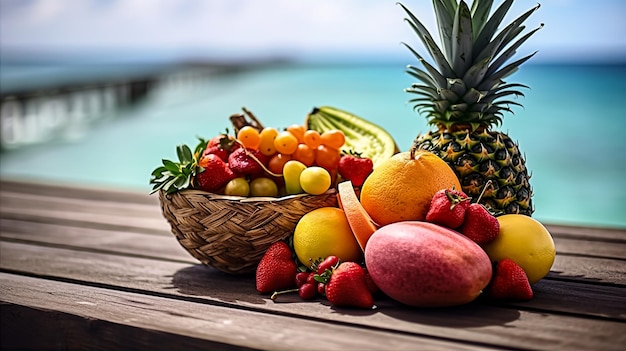 vaas met vers tropisch fruit op de houten tafel daar