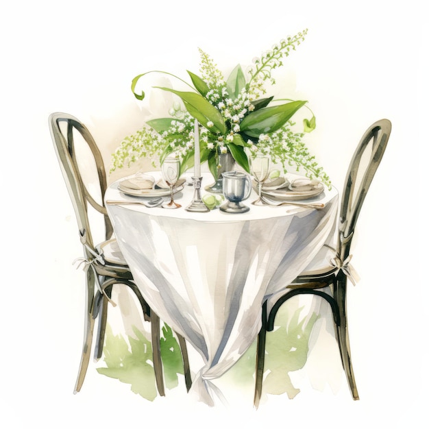 Vaas met witte bloemen op tafel Aquarel illustratie