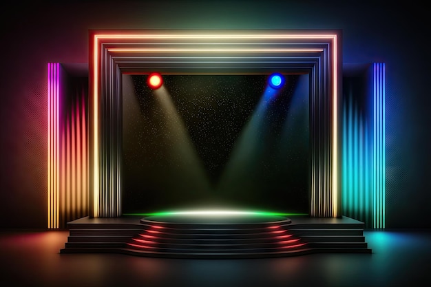 Vacant Modern Stage Display With Electric Neon Light And Abstract Natural Background