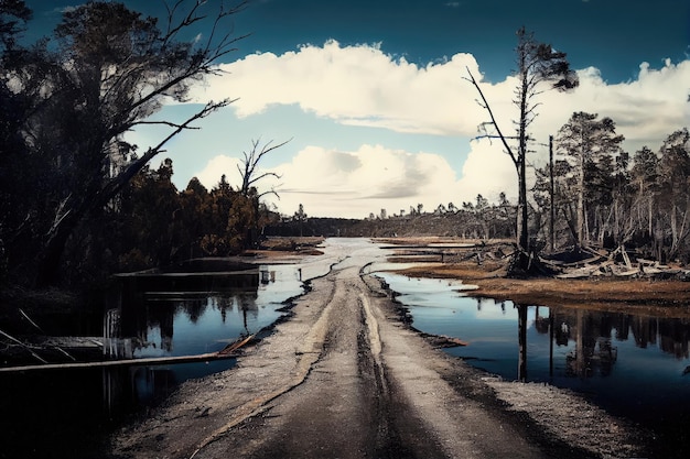 Vacant road leading to reservoir after aftermath hurricane