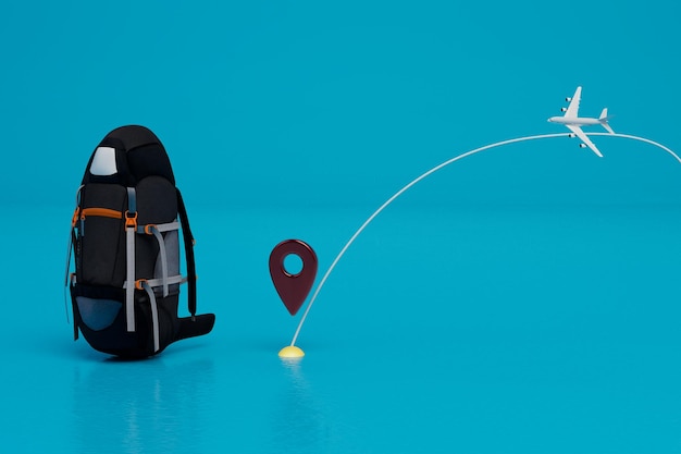 vacation. airplane flight. place of arrival. point of arrival black backpack on a blue background