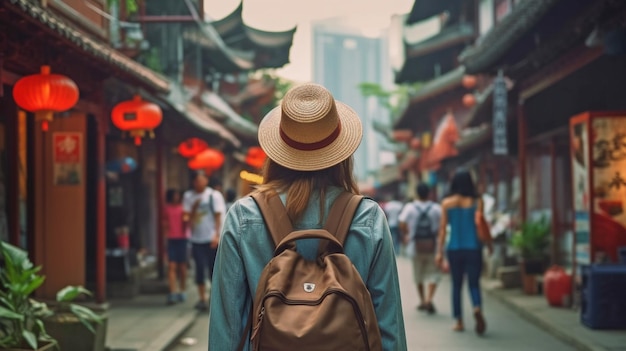 Foto in vacanza in asia, un viaggiatore viene mostrato mentre passeggia per le strade della città utilizzando l'ia generativa
