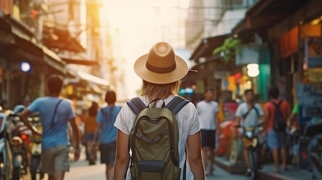アジアで休暇中の旅行者がジェネレーティブ AI を使用して街の通りを散歩している様子が示されています。