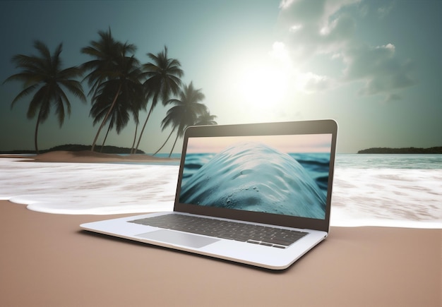 Отпуск компьютер путешествие пальма тропический лето пляж ноутбук концепт дерево Генеративный ИИ