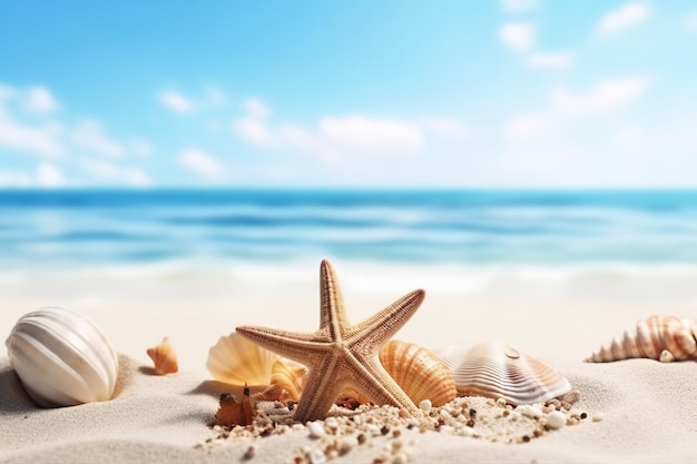 Vacation concept starfish and seashells on the beach