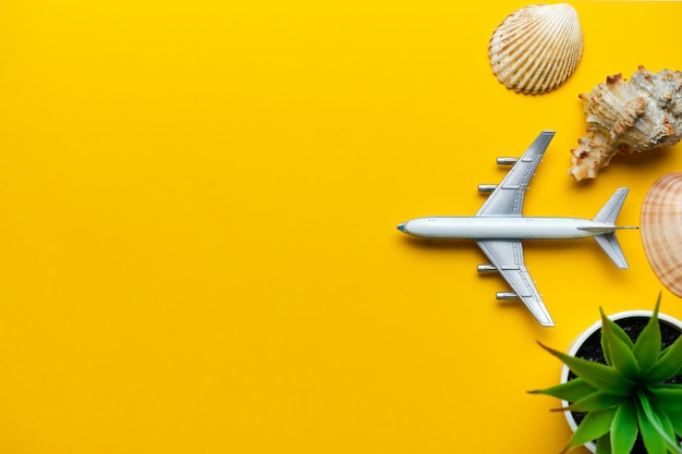 Vacation concept with airplane on a yellow background