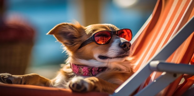 Foto vacanza cane estate pigro animale domestico buffo occhiali da sole sedia rilassarsi spiaggia ai generativa