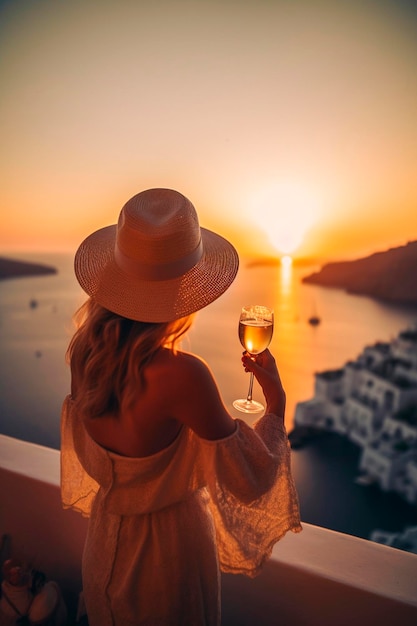 Vacation on a Greek island a woman in a hat looks at the sunset with a glass of champagne Generative AI