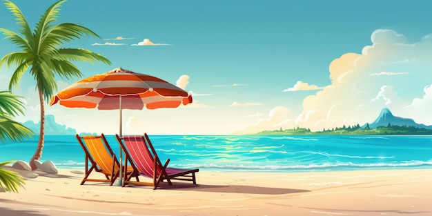 Vacation holidays background wallpaper two beach lounge chairs under tent on beach Beach chairs umbrella and palms on the beach Tropical Holiday Banner