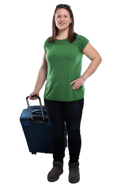 Отпускные каникулы молодая женщина с багажом путешествует, улыбаясь изолированно