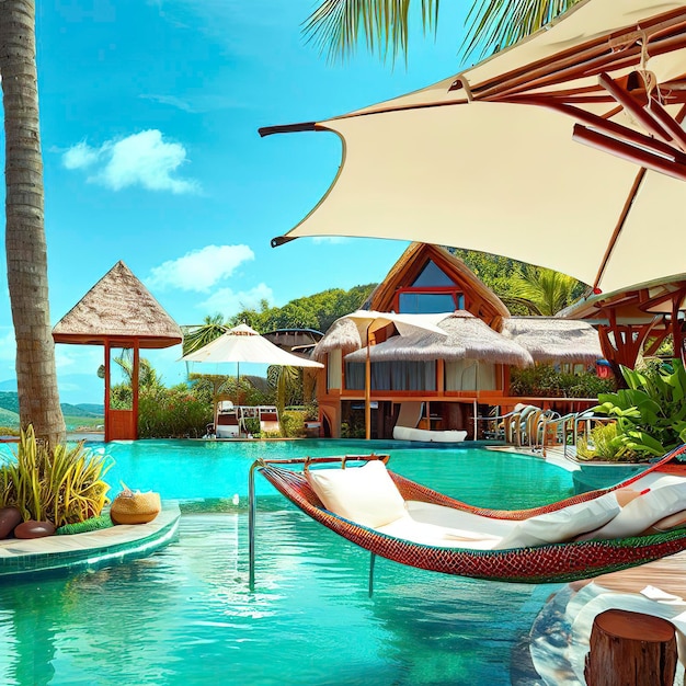 Vacation luxury resort with a swimming pool hammock and umbrellas