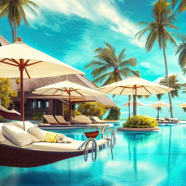 Vacation luxury resort with a swimming pool hammock and umbrellas