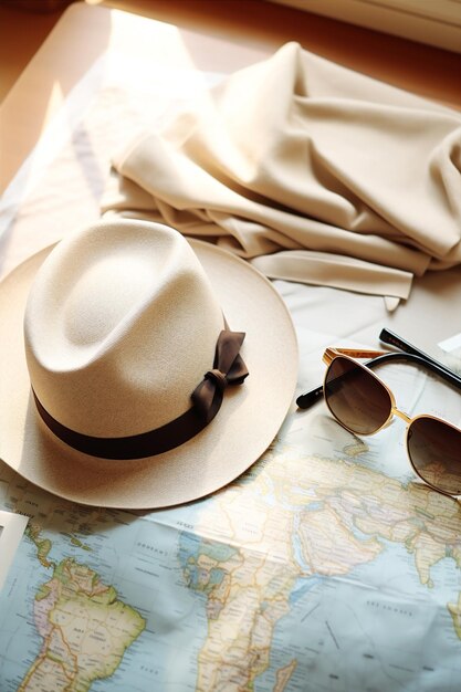 Photo vacation map summer trip vintage concept traveler hat journey holiday