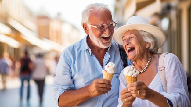 On vacation a senior couple eats gelato