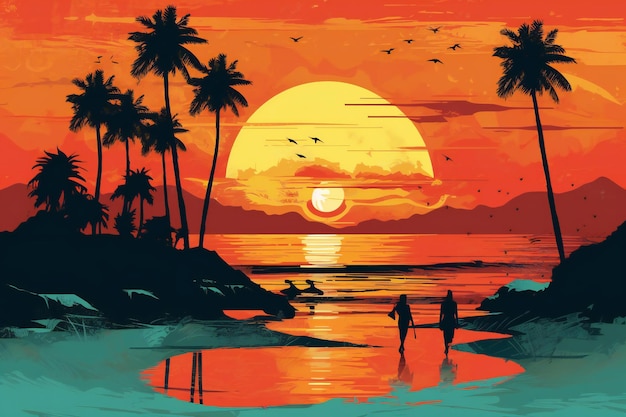 Vacation summer sunset retro and modern style for a greeting card