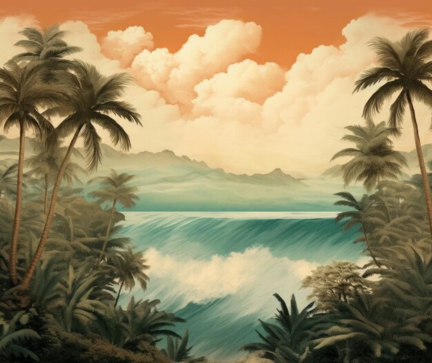 Дизайн на тему отдыха с пальмами и океаном