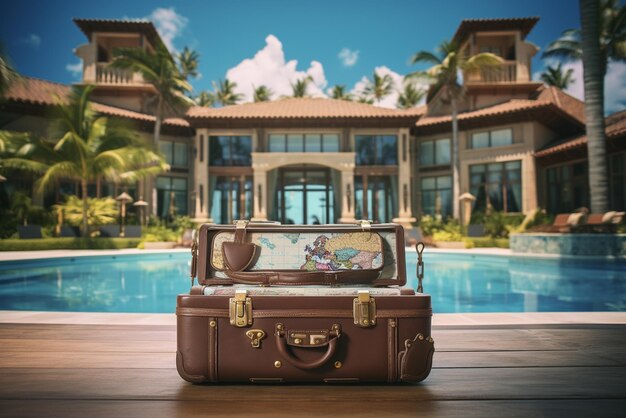 A vacation travel suitcase in a luxury holiday villa