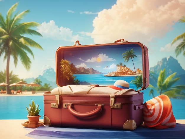 vacation travel time banner open travel suitcase with exotic destination inside with copy space are