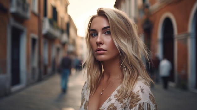 On vacation in Venice Italy a beautiful blonde model goes away from the street Generative AI