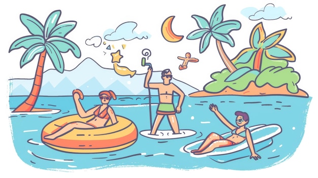 The vacationers are swimming and taking a tube in the sea This is a hand drawn style modern doodle design illustration