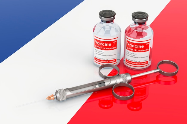 Vaccinatie in Frankrijk concept Vaccinflessen met spuit op de Franse vlag 3D-rendering geïsoleerd op een witte achtergrond