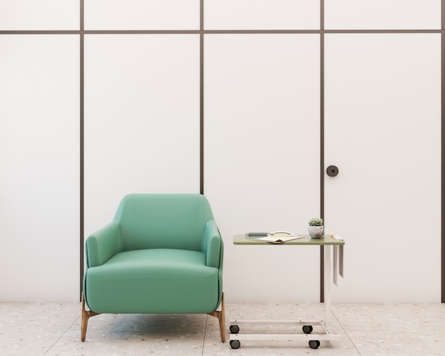 Vaccination room with armchair and medical equipment including syringe on the table 3D Rendering