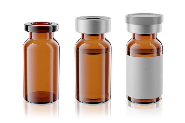 Photo vaccine brown glass injection vials set isolated 3d rendering mockup