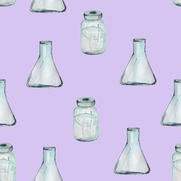 Vaccine in a glass flask watercolor seamless pattern