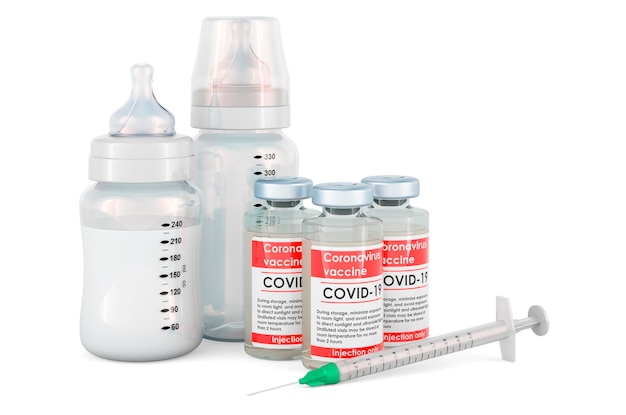 Vaccine with baby bottles Baby vaccination concept 3D rendering