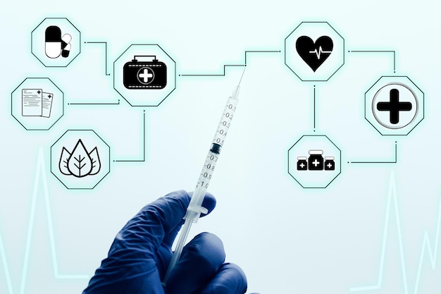 Vaccininjectie met futuristische interface Medisch netwerktechnologieconcept