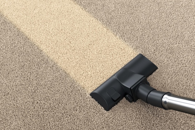 Vacuum cleaner brush on dirty carpet with clean strip. Vacuuming, cleaning and housework concept. 3D illustration