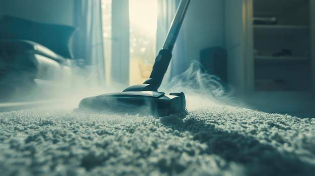 A vacuum cleaner is in a room with a white carpet The carpet is covered in dust and the vacuum cleaner is making a lot of noise